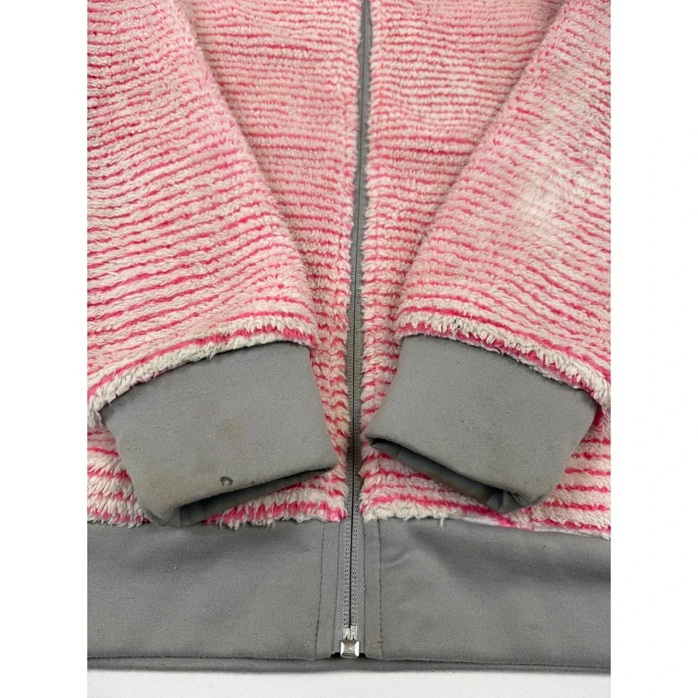 The North Face Girls Pink White Striped Full Zip Hooded‎ Fleece Jacket L (14/16)